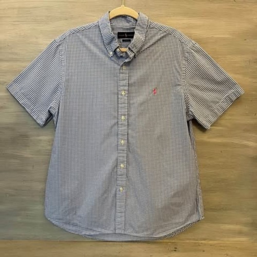 Ralph Lauren 100% Cotton Blue White Buffalo Checked Button Down Shirt Size XL GC